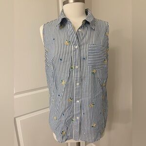 Boden Sleeveless Blue Stripe Button-Up Shirt with Yellow Floral Embroidery Sz 12